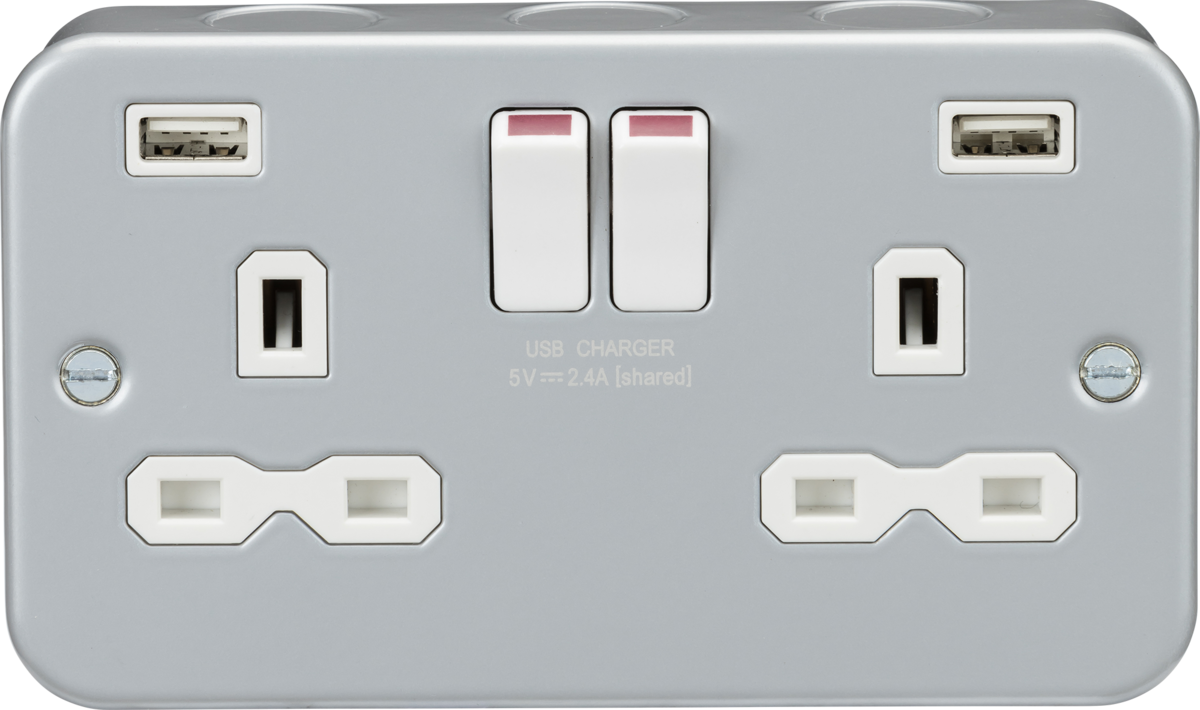 Knightsbridge Metal Clad 13A 1G 2G Switched Socket with Dual USB Charger 2.4A