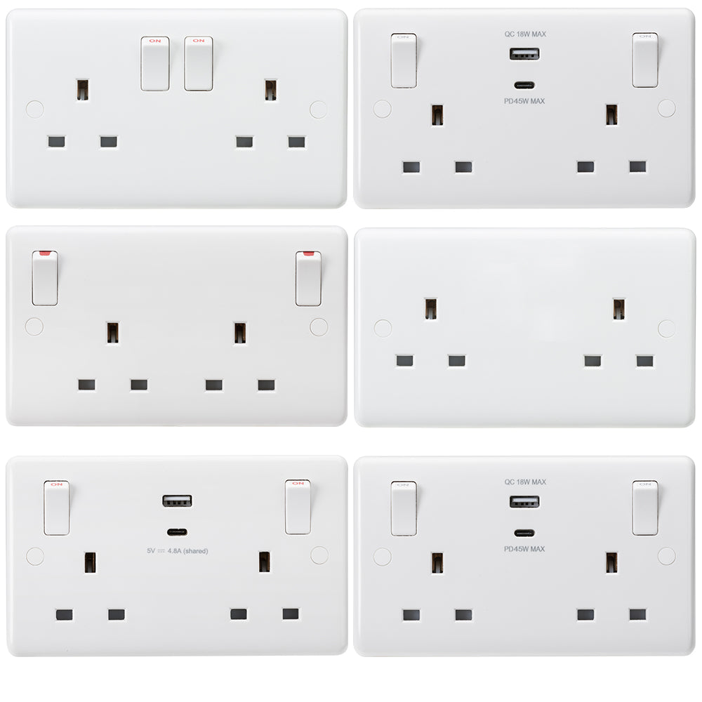 Knightsbridge Curved Edge 13A 2G Wall Socket Switched, Unswitched, USB Charger