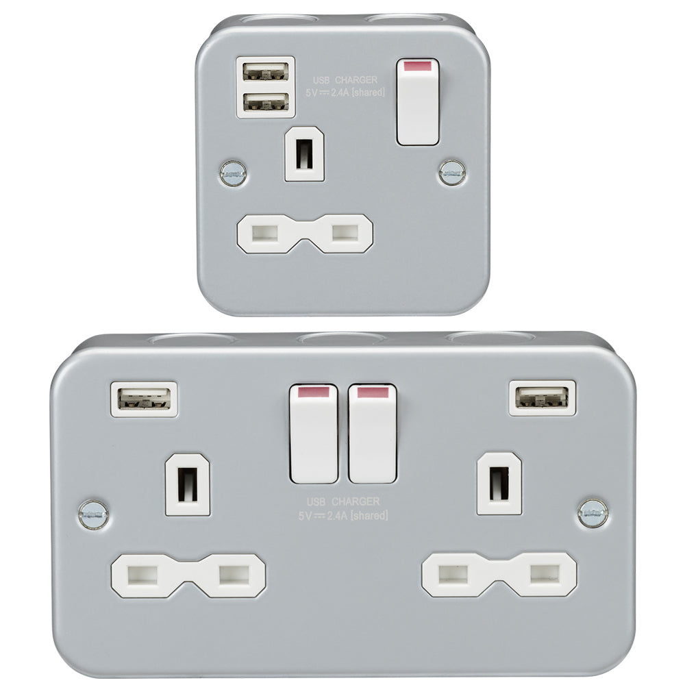 Knightsbridge Metal Clad 13A 1G 2G Switched Socket with Dual USB Charger 2.4A