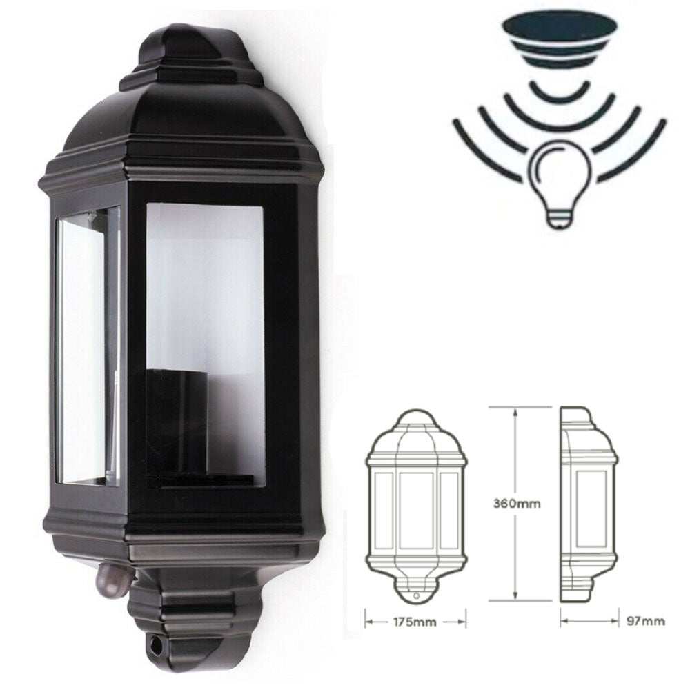 Half Lantern Wall Light Outdoor Clear Glass Segments PIR Motion Dusk Dawn Sensor