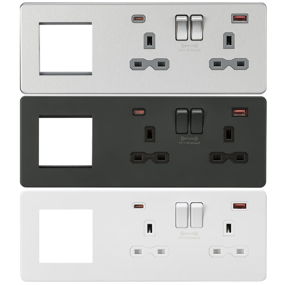 Knightsbridge Screwless 13A 2G DP Socket with USB Fastcharge + 2G Modular Combination Plate