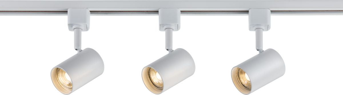Three white cylindrical adjustable spotlight heads mounted on a white ceiling track bar.