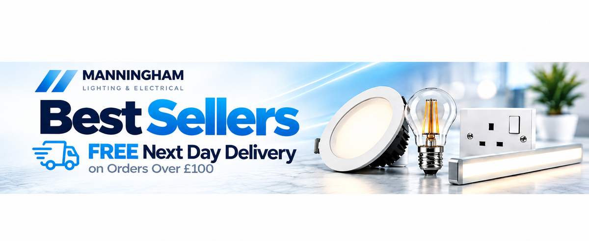 Best Sellers lighting and electrical banner featuring LED lighting products, bulbs and sockets, with free next day delivery on orders over £100.