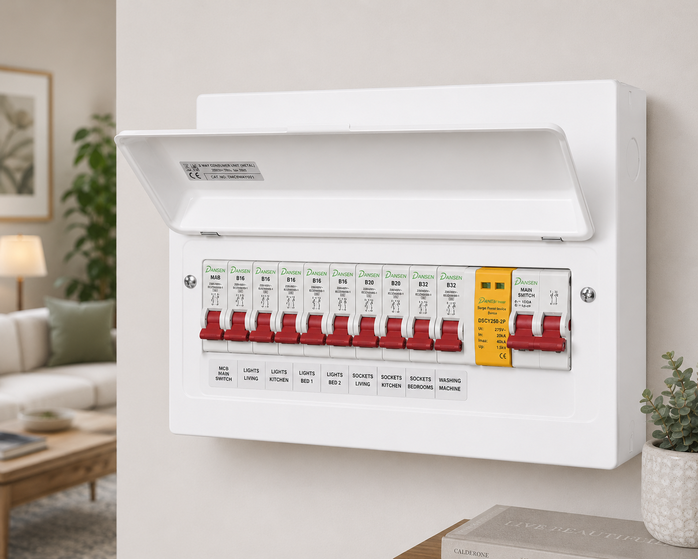 Danson 9 Way RCBO Populated Metal Consumer Unit with T2 SPD & 100A Main Switch Single Phase E MM124/SPD