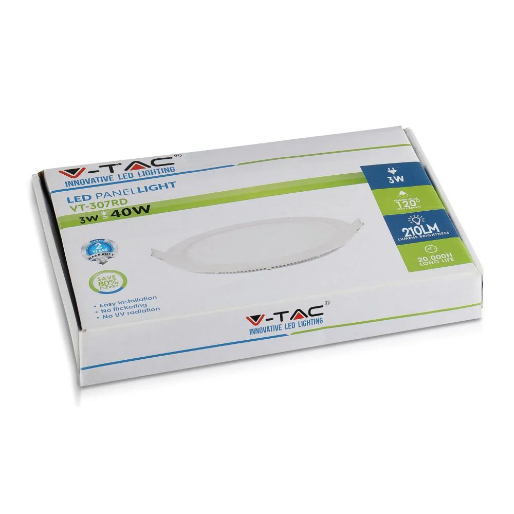 V-TAC VT-307 3W Round Recessed Slim LED Ceiling Panel Light - 6400K Daylight White