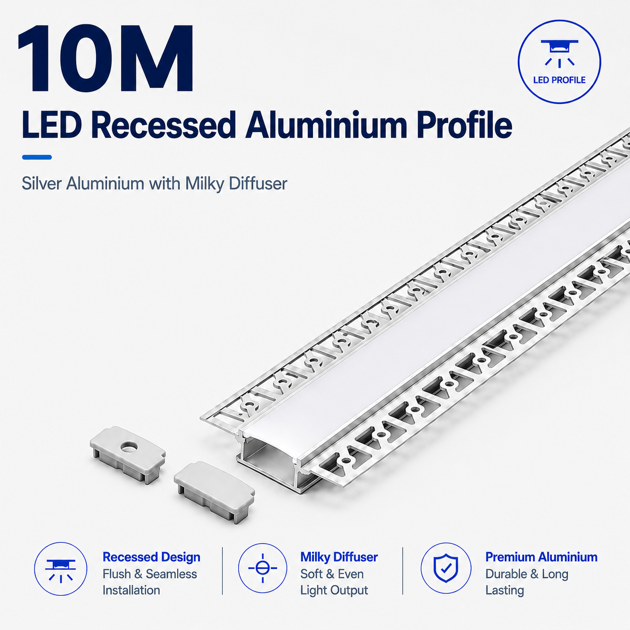 Silver Recessed Aluminium LED Strip Profile with Milky Diffuser – 2M Lengths | 2M–100M Kits