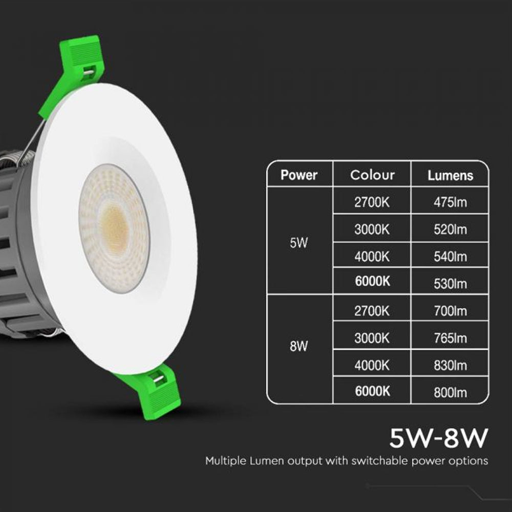 V-TAC VT-DL0508 4-in-1 CCT Dual Wattage Fire Rated Round LED Dimmable Downlight – IP65 Rated