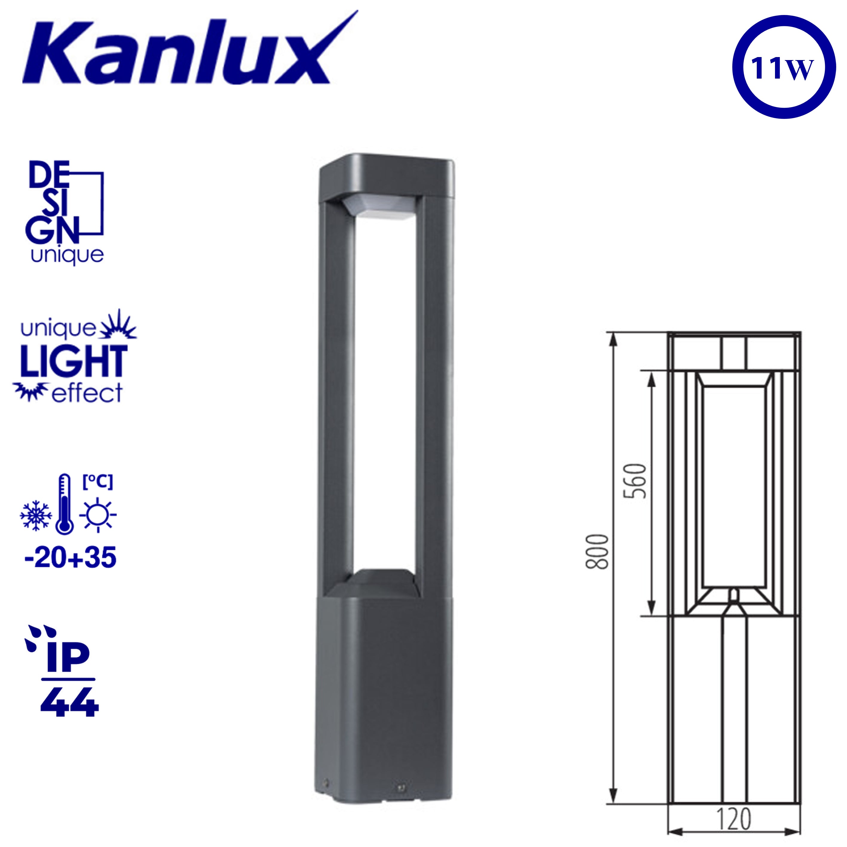 Kanlux 36550 PEVO 80 GR Outdoor Garden Post Light | 80cm Graphite Finish GX53 LED Waterproof IP44