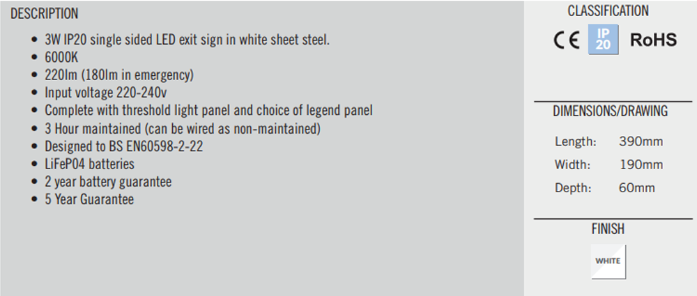 LED Emergency Exit Box Light 3W IP20 3hr Maintained Non Maintained 6000K