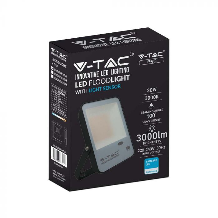 V-TAC VT-37 30W LED Floodlight with Photocell Sensor – Samsung Chip 6500K IP65 Black
