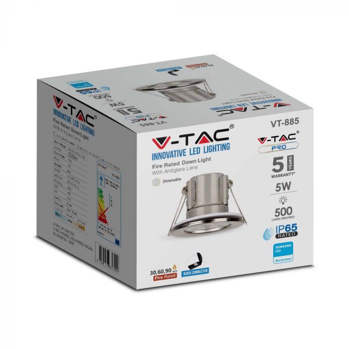 V-TAC VT-885 5W Fire-Rated Spotlight Fitting Samsung Chip 6400K Dimmable IP65