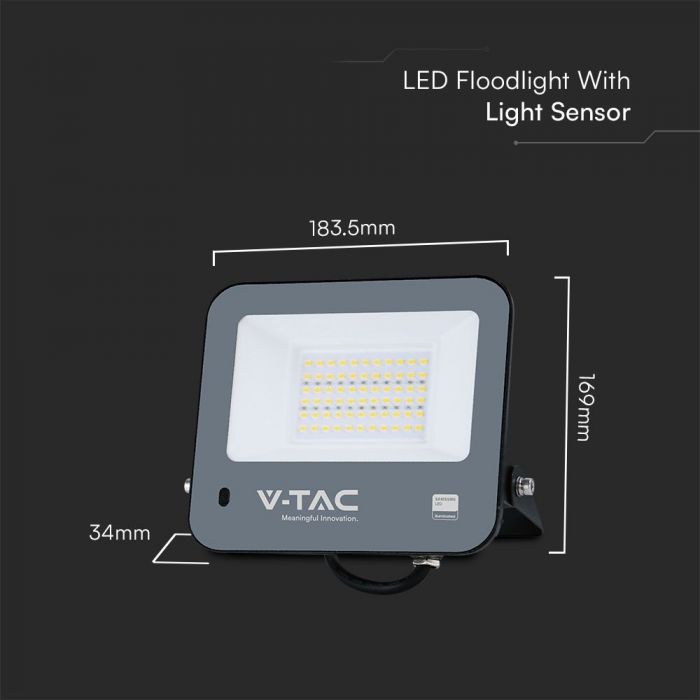 V-TAC 50W LED Floodlight VT-44052 – Samsung Chip, Photocell Sensor, IP65 6500K Black