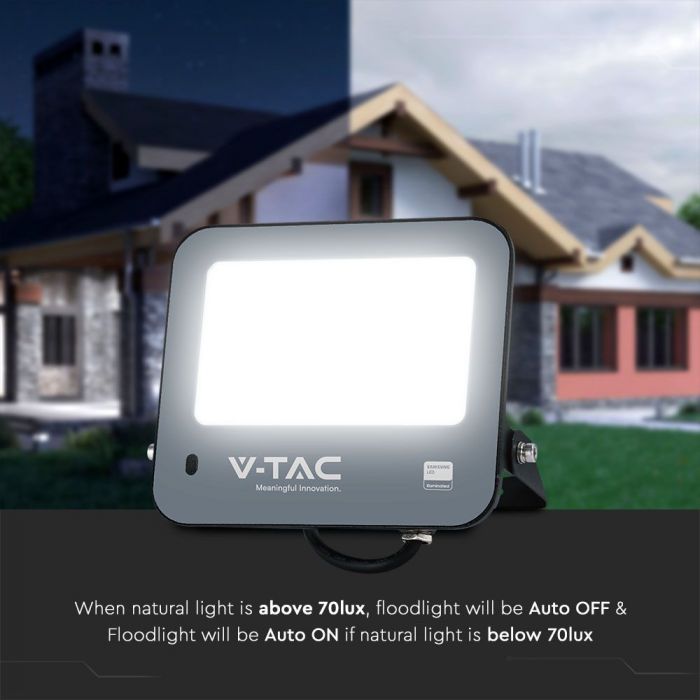 V-TAC 50W LED Floodlight VT-44052 – Samsung Chip, Photocell Sensor, IP65 6500K Black