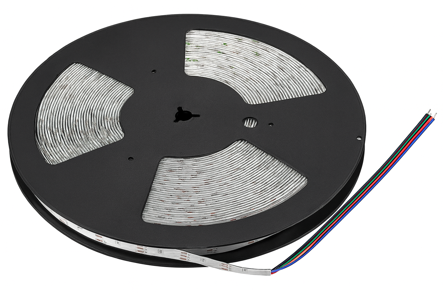 25-metre COB RGB LED tape light wound on a black reel, with a 4-core lead wire attached, isolated on a light grey background.