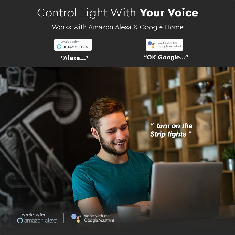 V-TAC VT-5050 RGB + CCT 3-in-1 LED Strip Light Kit 5M WiFi Smart App Control Compatible with Alexa & Google Assistant Dimmable IP65 Waterproof Plug & Play