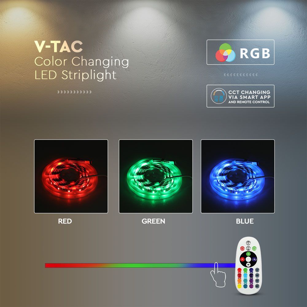 V-TAC VT-5050 RGB + CCT 3-in-1 LED Strip Light Kit 5M WiFi Smart App Control Compatible with Alexa & Google Assistant Dimmable IP65 Waterproof Plug & Play