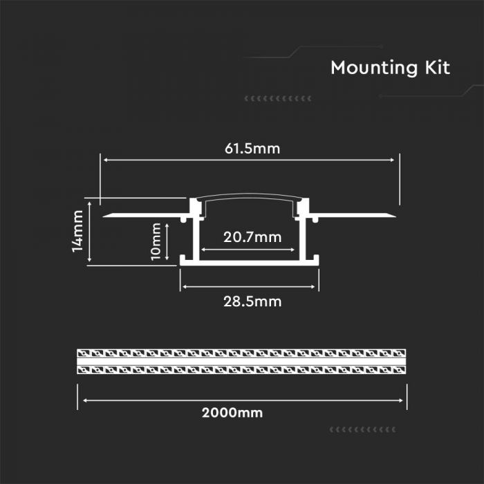 Silver Recessed Aluminium LED Strip Profile with Milky Diffuser – 2M Lengths | 2M–100M Kits