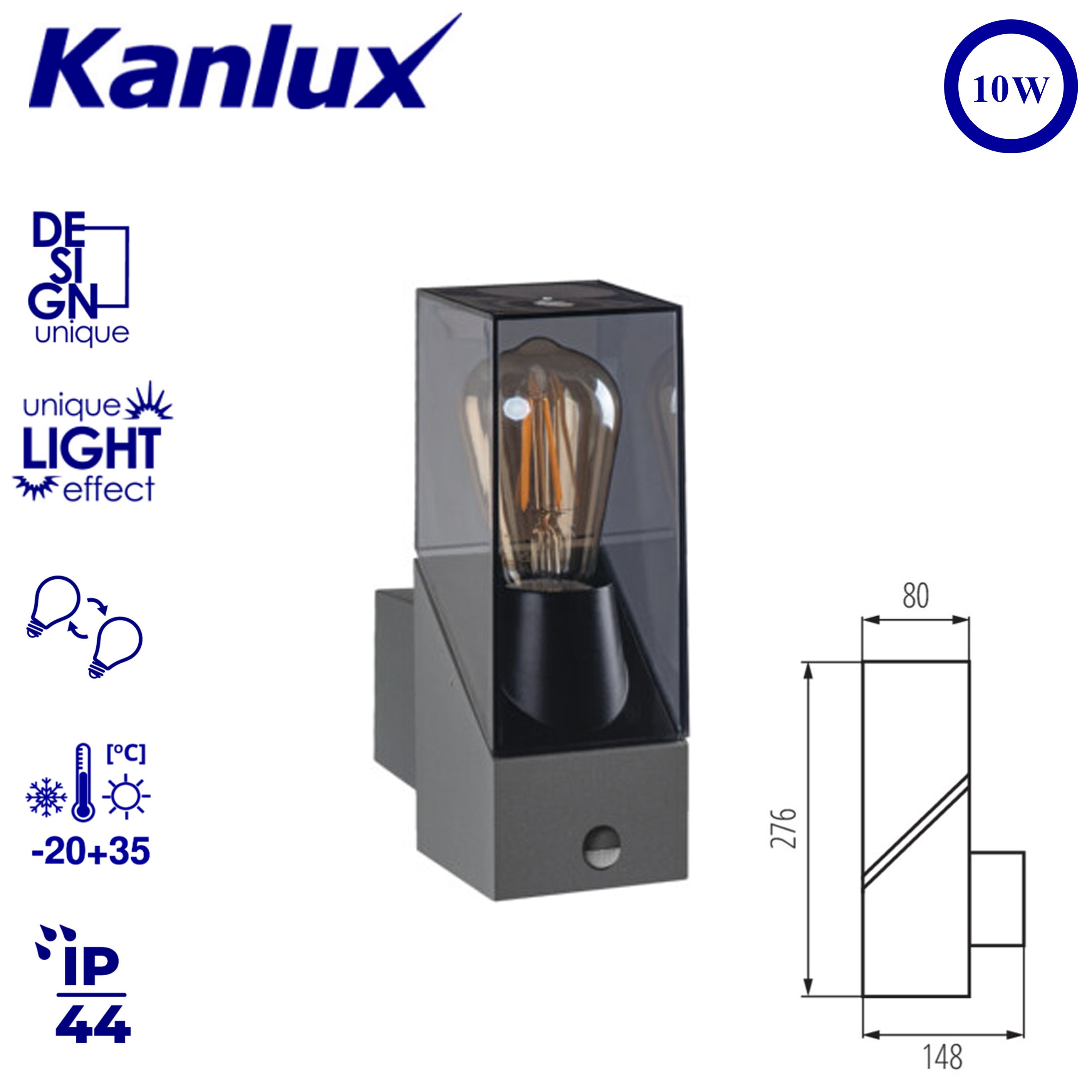 Kanlux LAVEN EL 28 SE-GR Wall-Mounted Outdoor Light | Motion & Twilight Sensor, Graphite Finish, LED Compatible