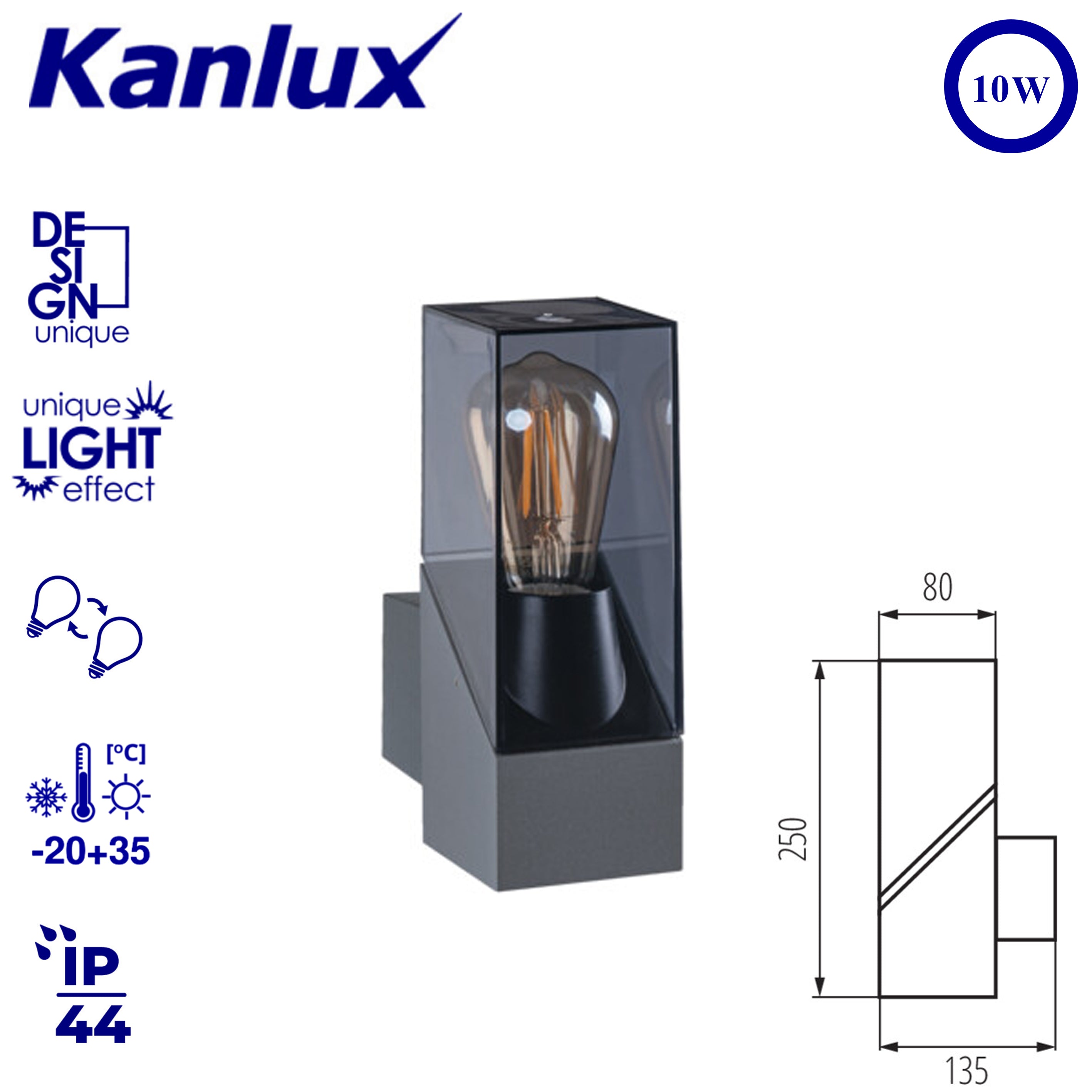 Kanlux LAVEN EL 25 GR Wall-Mounted Outdoor Light | Elegant Graphite Finish, E27 LED, Waterproof IP44