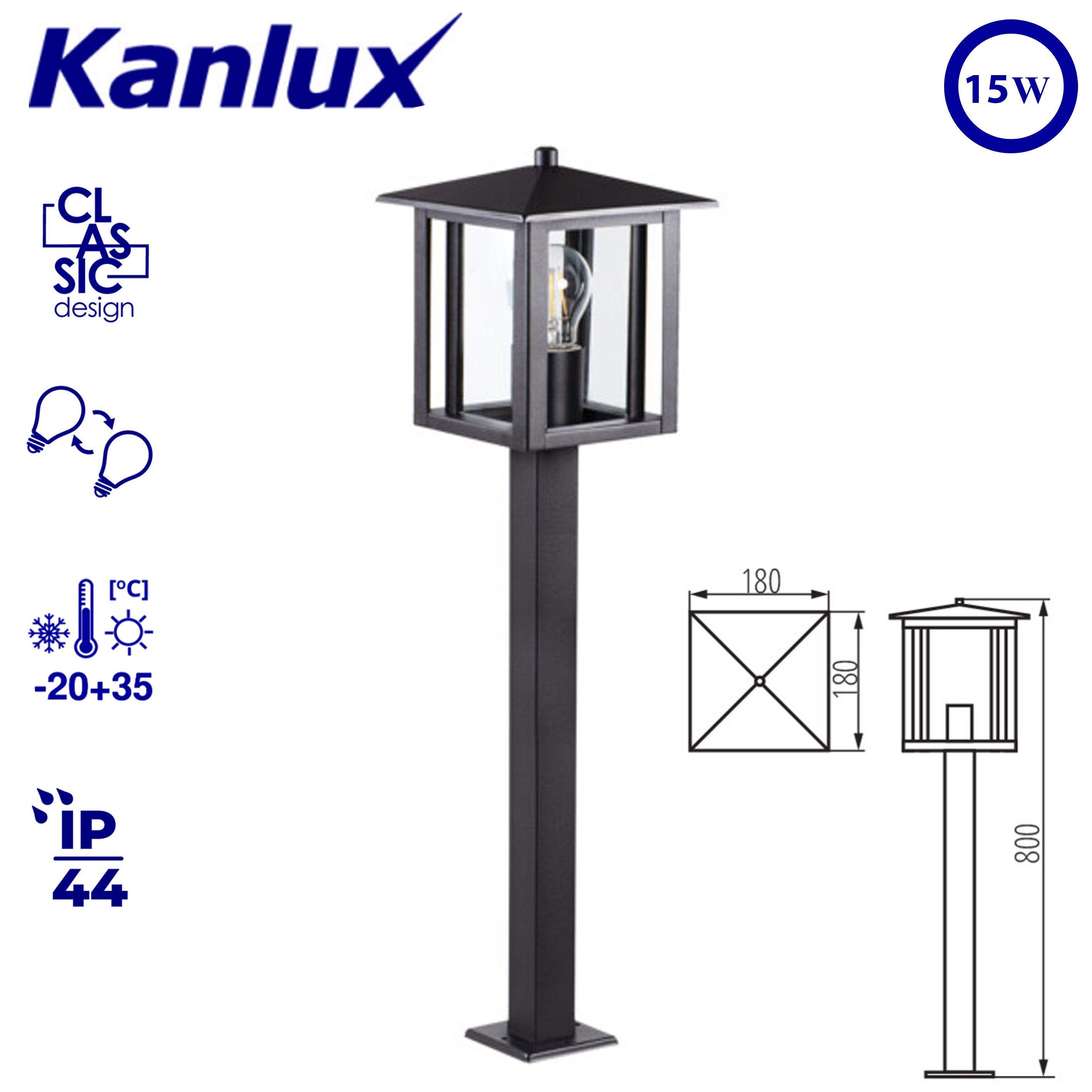 Kanlux 36555 SELTO 80-B Post Garden Light | Stainless Steel Outdoor Waterproof IP44