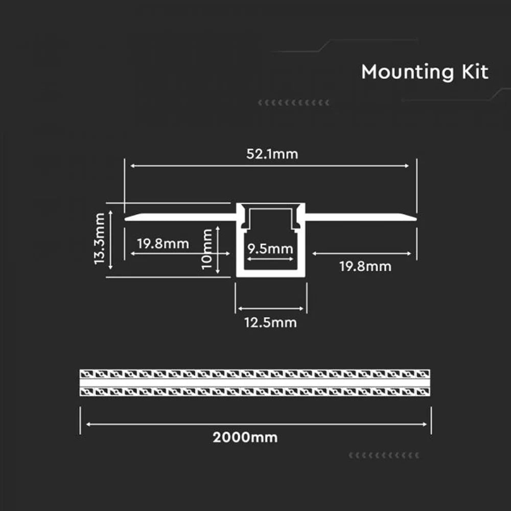 V-TAC VT-8102 2M Strip Housing Aluminium Profile With Diffuser - Plaster Ceiling / Surface