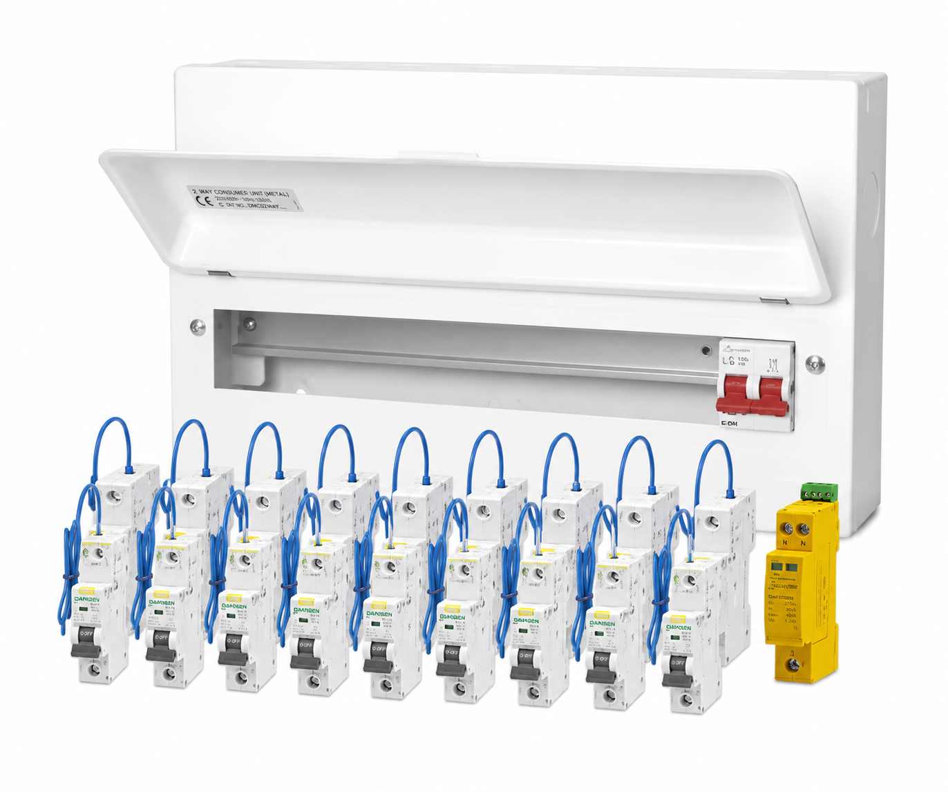 15 Way RCBO Populated Fuse Box with T2 SPD & 100A Main Switch – Single Phase – E-MM184/SPD