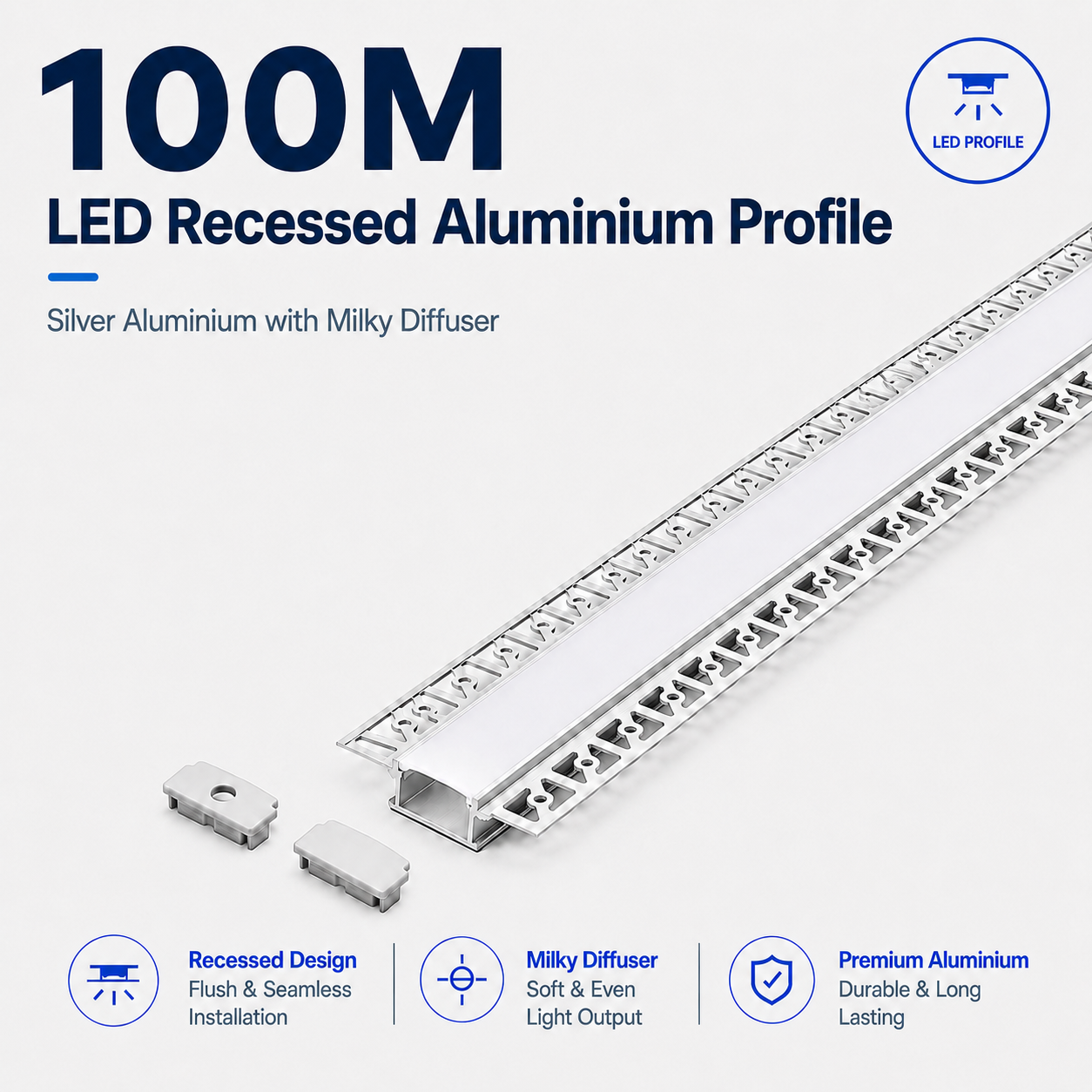 Silver Recessed Aluminium LED Strip Profile with Milky Diffuser – 2M Lengths | 2M–100M Kits