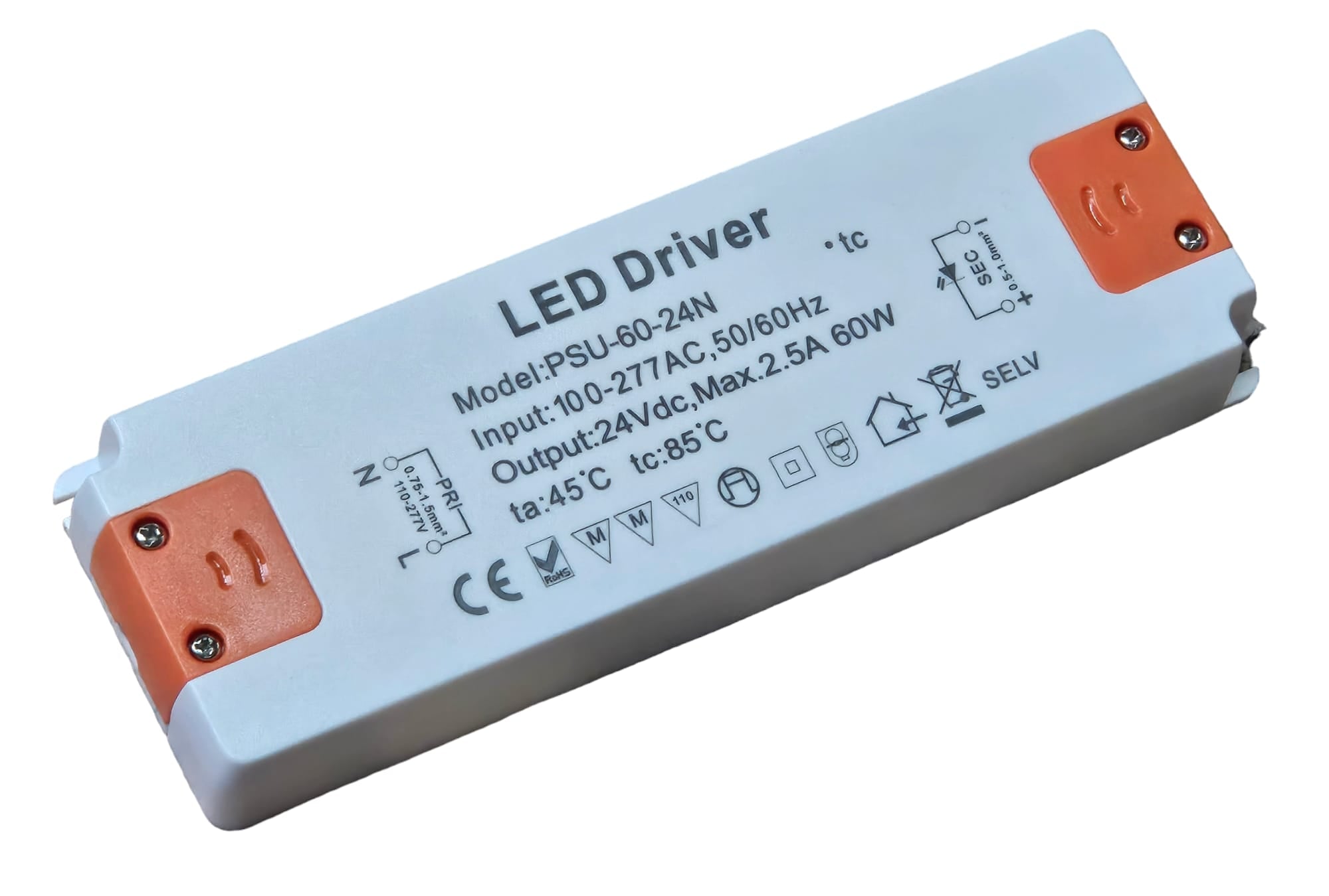 60w DC LED Power Supply Driver 12v / 24v VDC Plastic Body