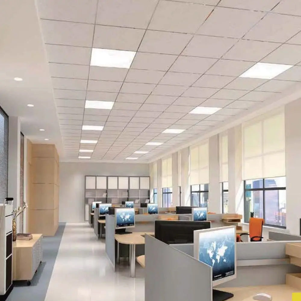 600x600 LED ceiling panel lights installed in a commercial office suspended ceiling