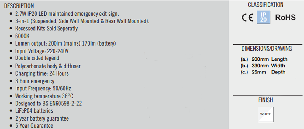 LED Emergency Lighting Exit Sign Bulkhead Maintained Non-Maintained Twinspot