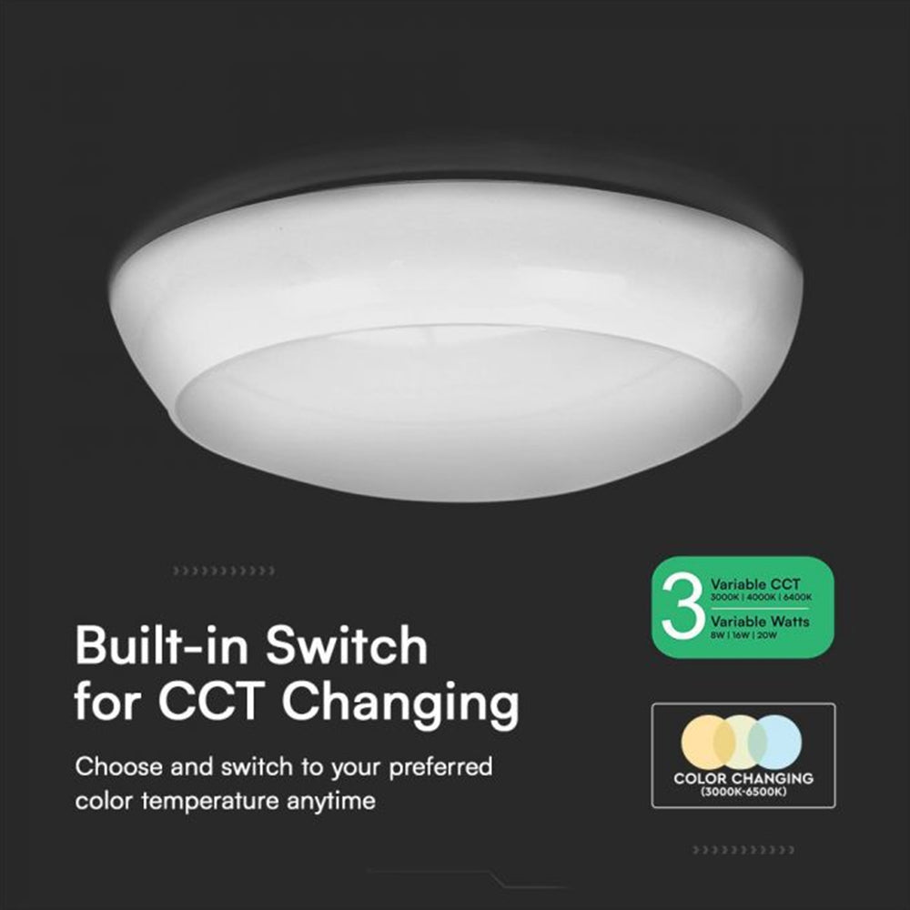 V-TAC VT-8603 Weatherproof IP65 CCT Tri-Wattage Round LED Surface Mounted Dome Light