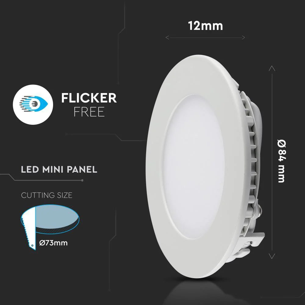 V-TAC VT-307 3W Round Recessed Slim LED Ceiling Panel Light - 6400K Daylight White