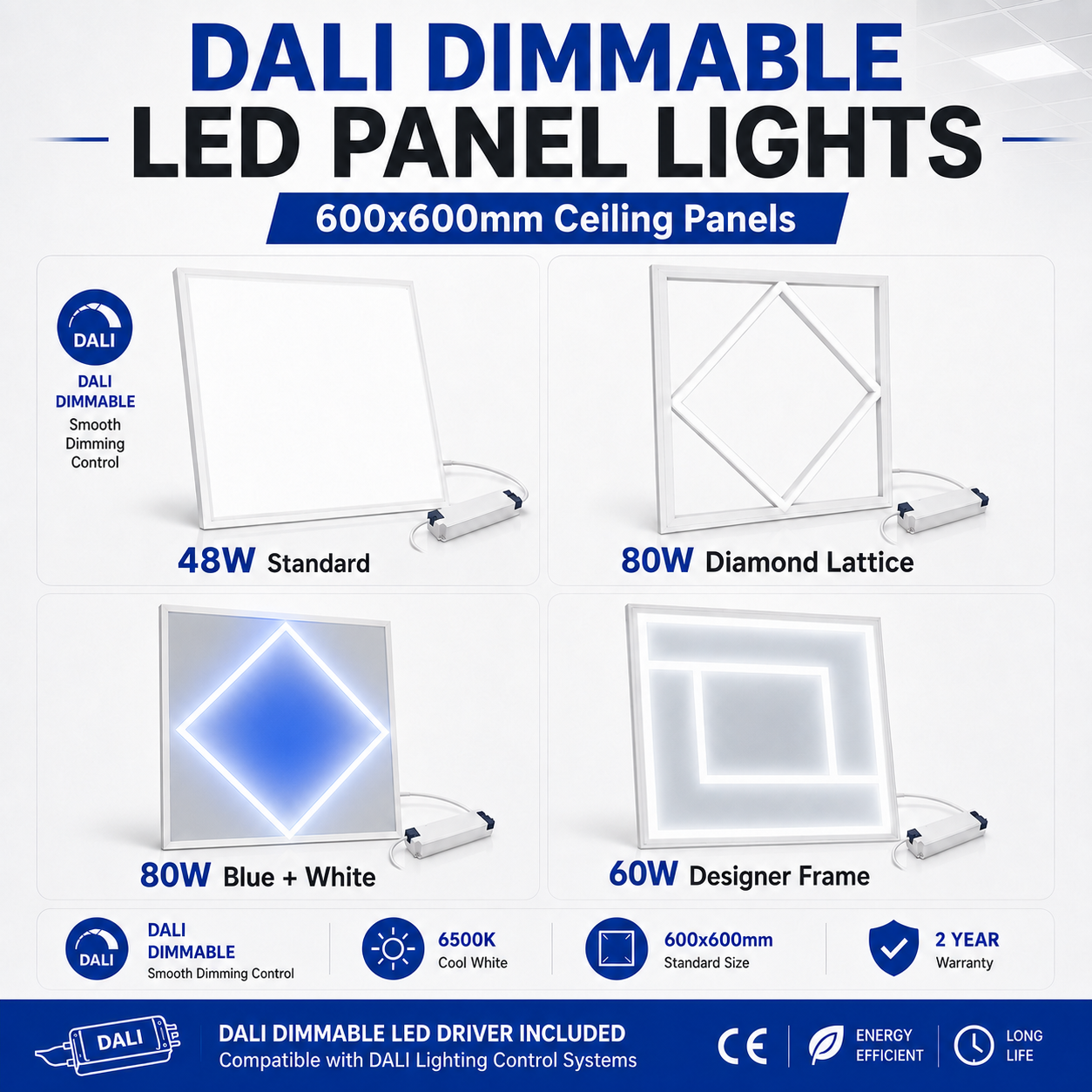 DALI Dimmable LED Ceiling Panel Lights 600x600mm – Multiple Designs