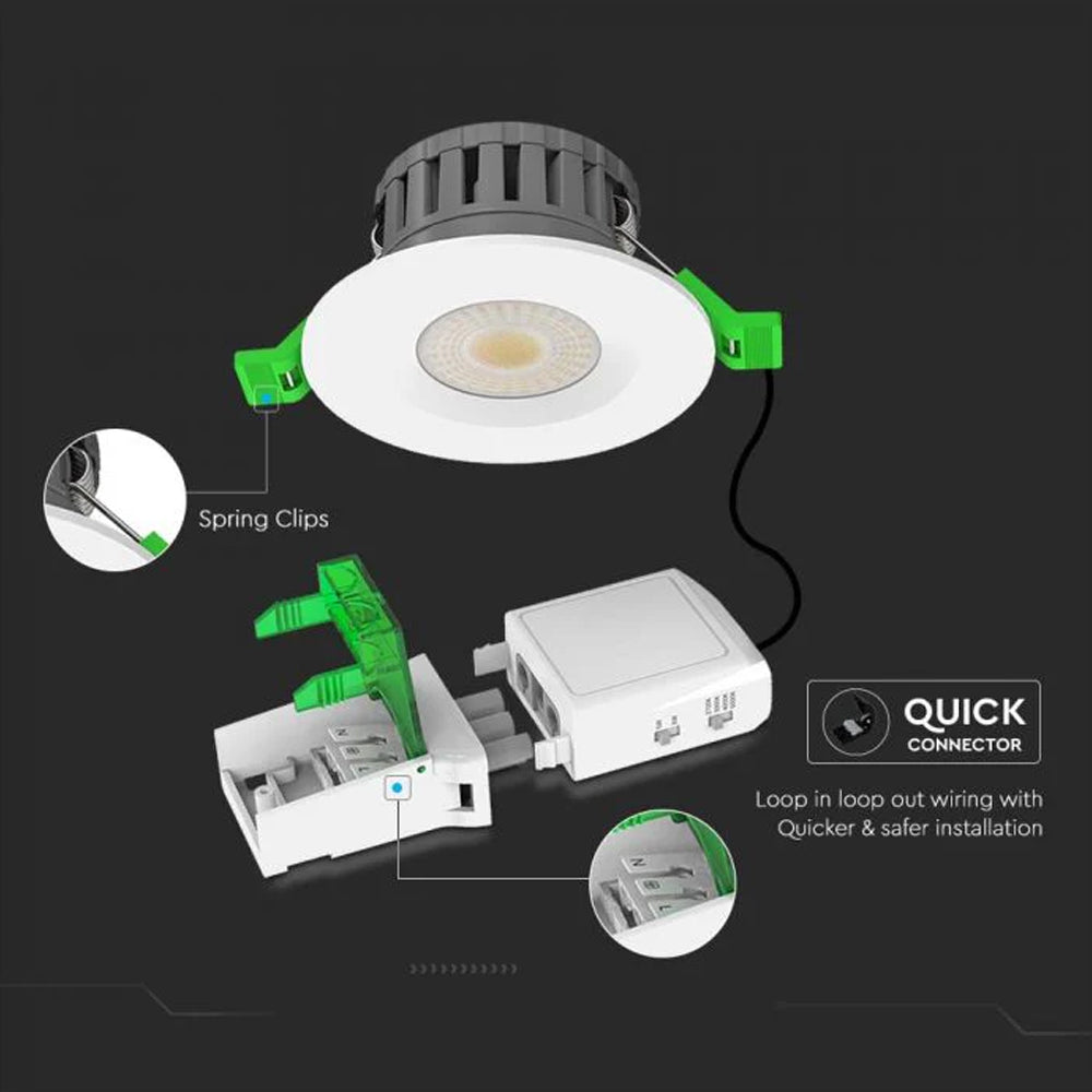 V-TAC VT-DL0508 4-in-1 CCT Dual Wattage Fire Rated Round LED Dimmable Downlight – IP65 Rated