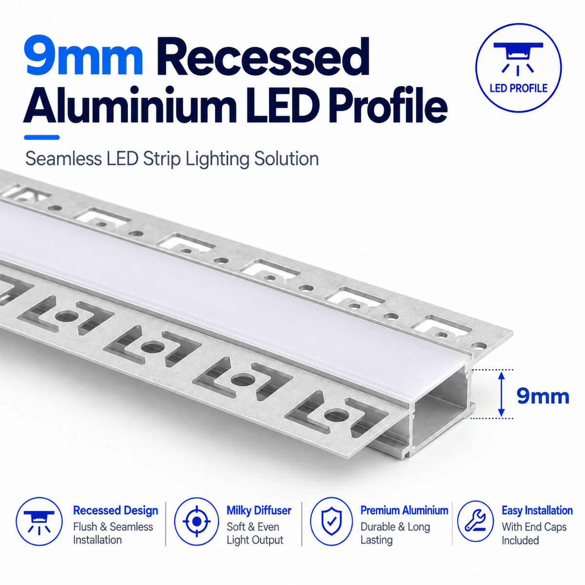 9mm Plaster-In Aluminium LED Strip Profile with Milky Diffuser – Recessed Trimless Channel