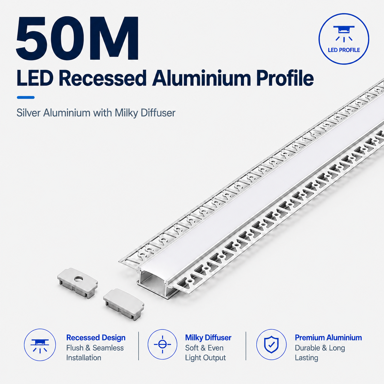 Silver Recessed Aluminium LED Strip Profile with Milky Diffuser – 2M Lengths | 2M–100M Kits
