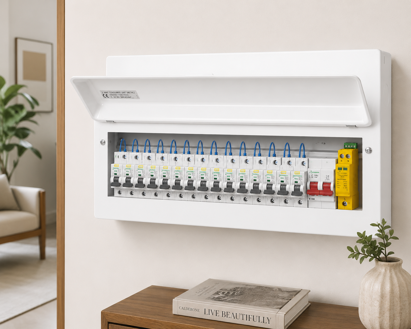 15 Way RCBO Populated Fuse Box with T2 SPD & 100A Main Switch – Single Phase – E-MM184/SPD
