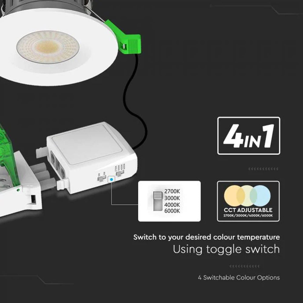 V-TAC VT-DL0508 4-in-1 CCT Dual Wattage Fire Rated Round LED Dimmable Downlight – IP65 Rated