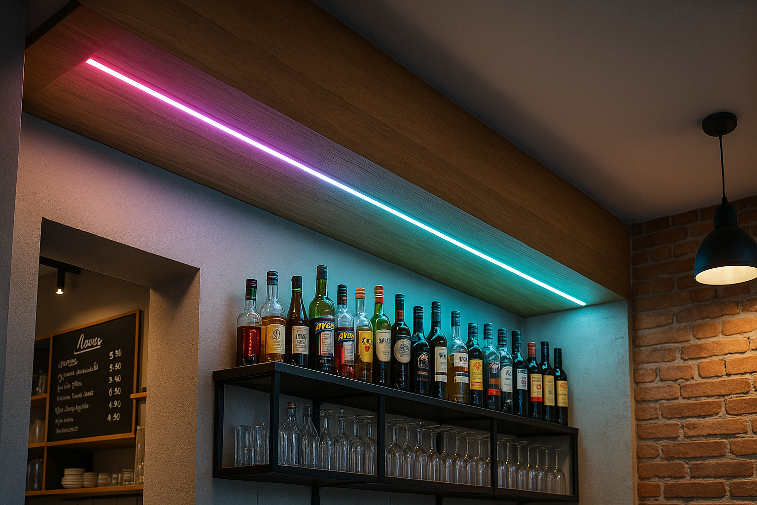 Bottle display shelf in a bar area lit by a slim RGB LED strip, creating a pink-to-cyan gradient glow above glassware and liquor bottles against a brick wall.