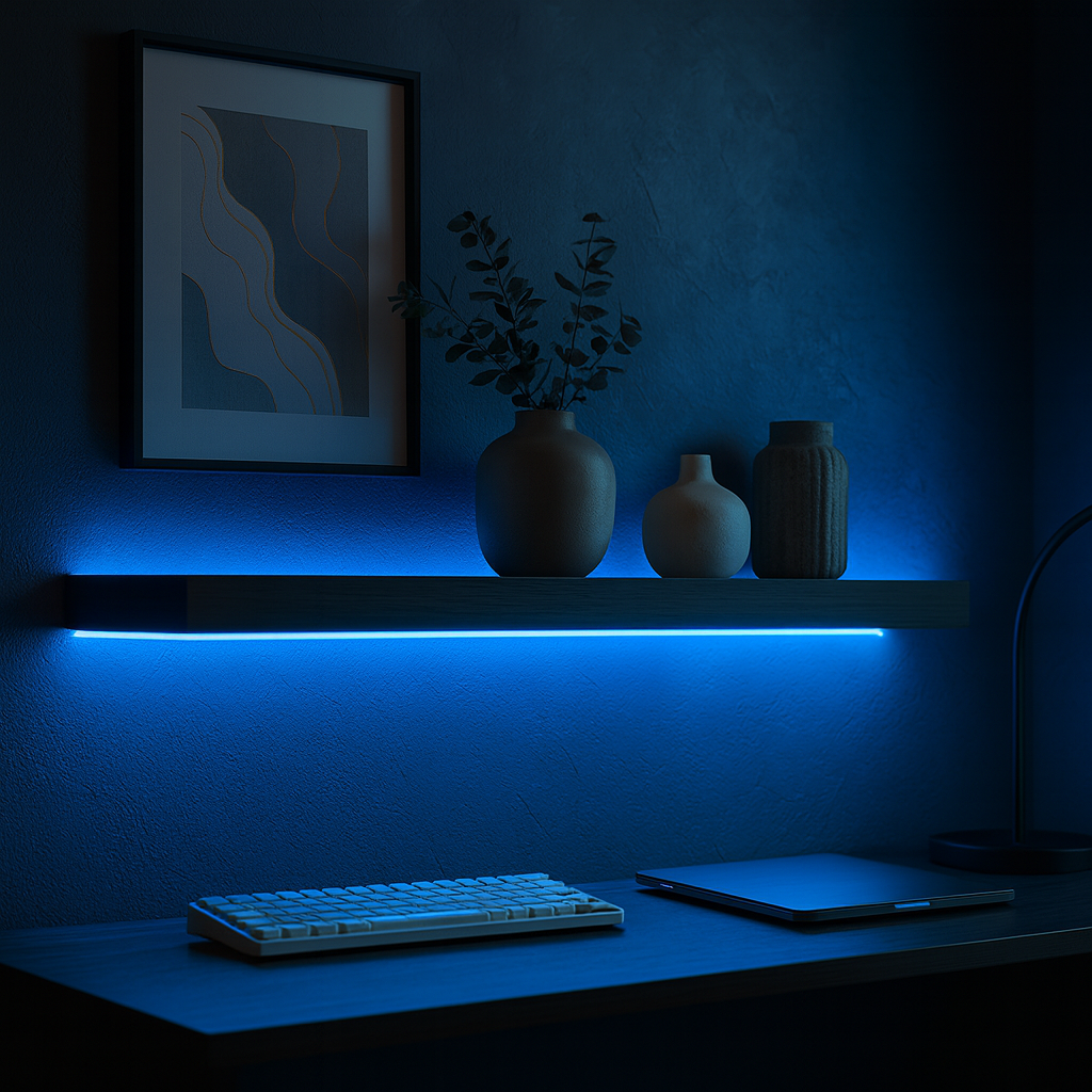 Dark home office or living space with a floating shelf lit from below by a blue LED strip, highlighting decorative vases, framed wall art, a keyboard, and a closed laptop.