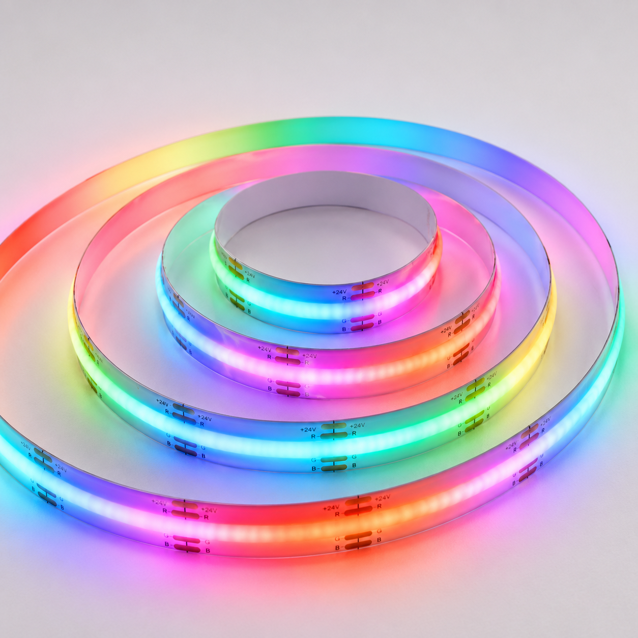 24V RGB COB LED Strip Light – Colour Changing Dotless Tape, Super Bright Self-Adhesive 3M Backing, 1m–100m