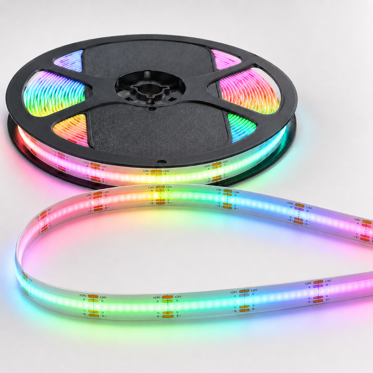 24V RGB COB LED Strip Light – Colour Changing Dotless Tape, Super Bright Self-Adhesive 3M Backing, 1m–100m