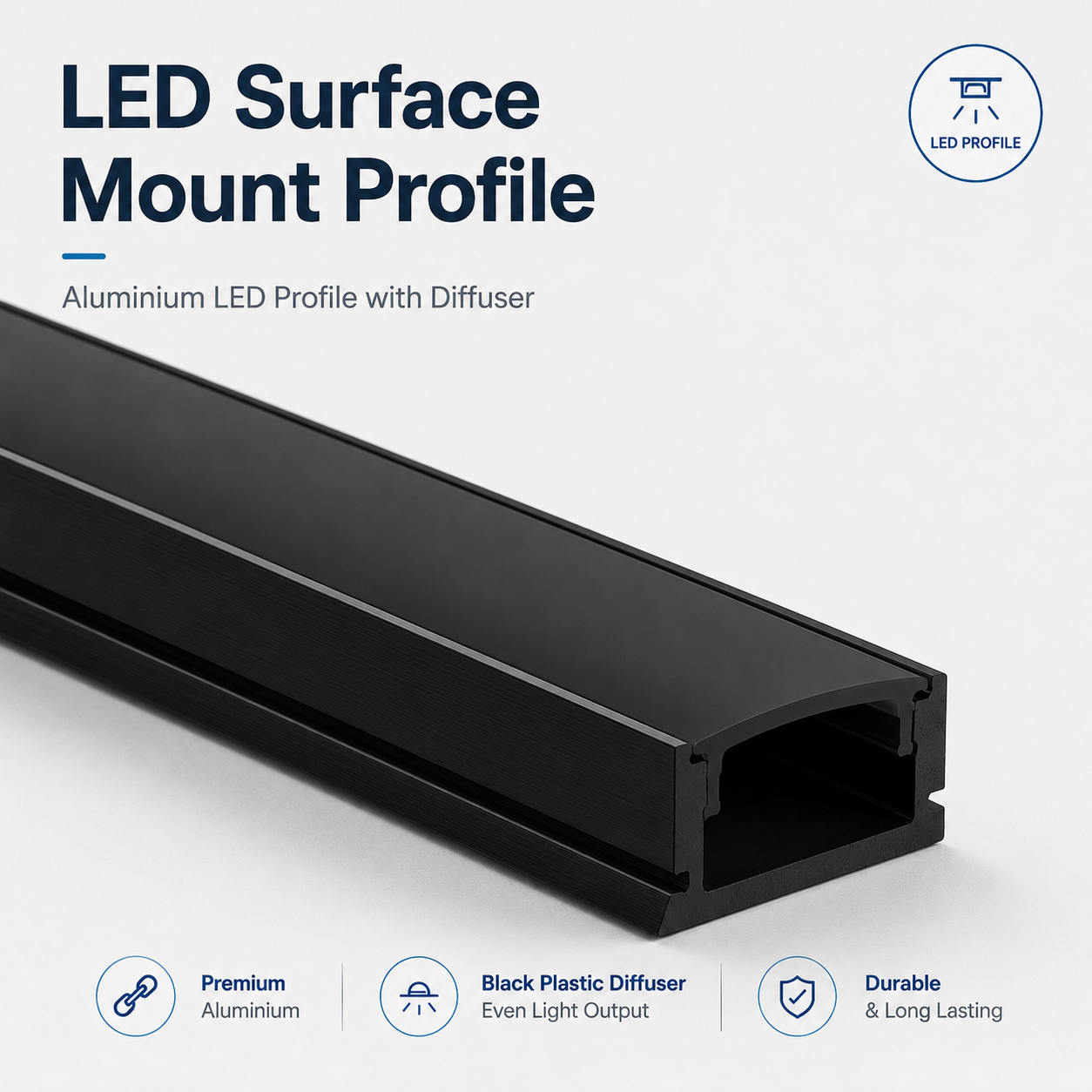 Black Surface Mounted Aluminium LED Strip Profile with Opal Diffuser – 2M Lengths | 2M–100M Kits