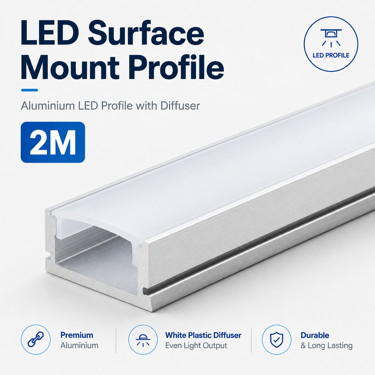 Surface Mounted Aluminium LED Strip Profile with Opal Diffuser – 2M Lengths | 2M–100M Kits