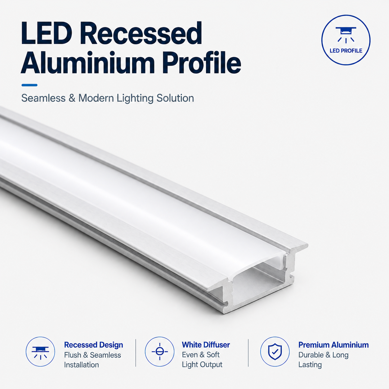 Recessed Aluminium LED Profile with Opal Diffuser – 2M LED Strip Channel Housing