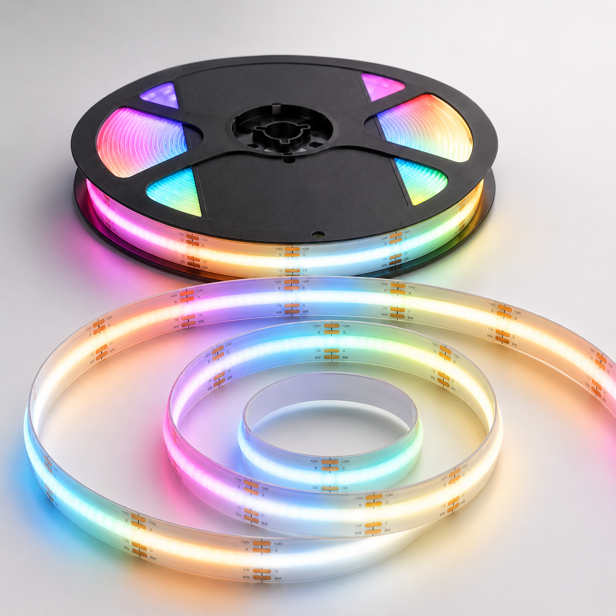 24V RGB+CCT COB LED Strip Light – Colour Changing Dotless Tape, Tunable White 2700K–6500K, 1m–100m