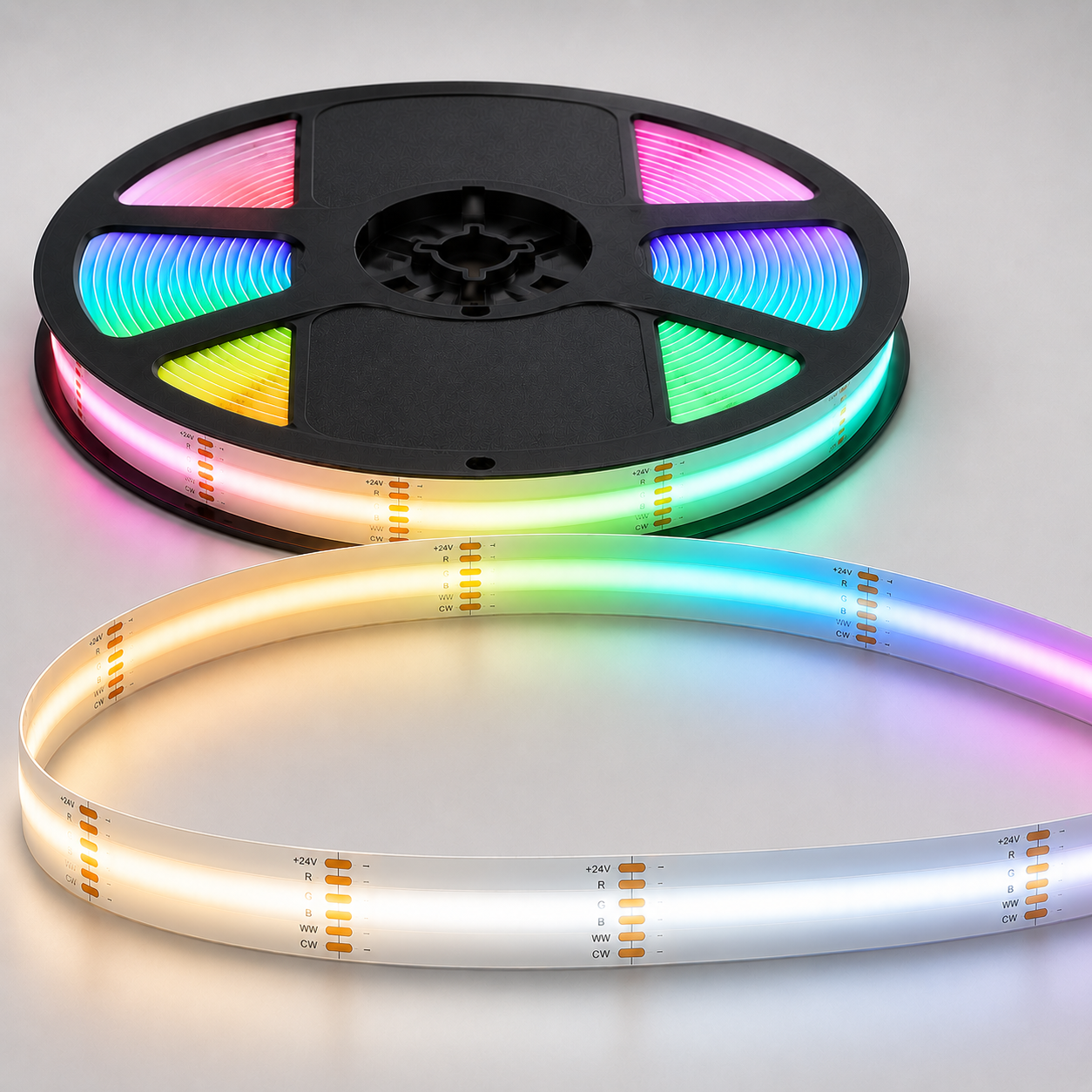 24V RGB+CCT COB LED Strip Light – Colour Changing Dotless Tape, Tunable White 2700K–6500K, 1m–100m