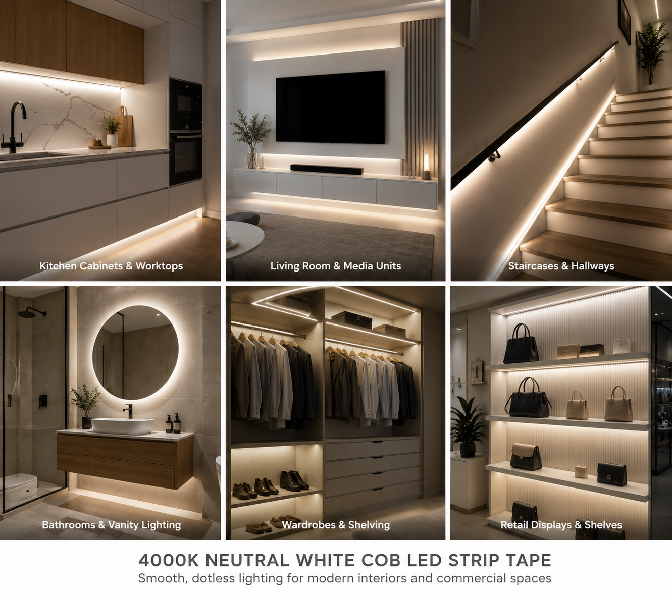 24V COB LED Strip Light Natural White 4000K – Dotless Super Bright Self Adhesive LED Tape, 1m–100m