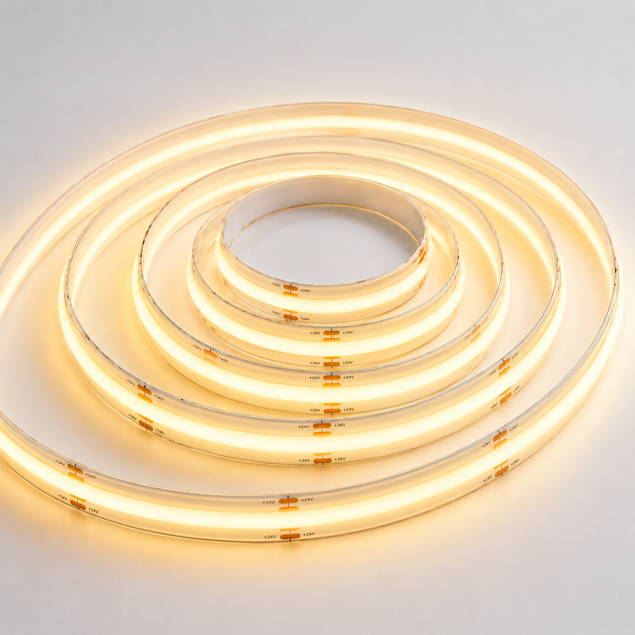 24V COB LED Strip Light Warm White 3000K – IP65 Waterproof Dotless Super Bright Self-Adhesive LED Tape, 1m–100m