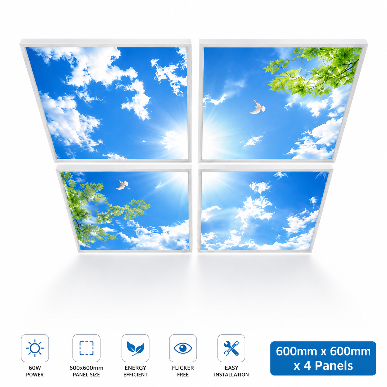 Pack of 4 LED Sky Panel Lights 600x600mm 40W Suspended Ceiling Panels – Blue Sky Cloud Skylight Effect